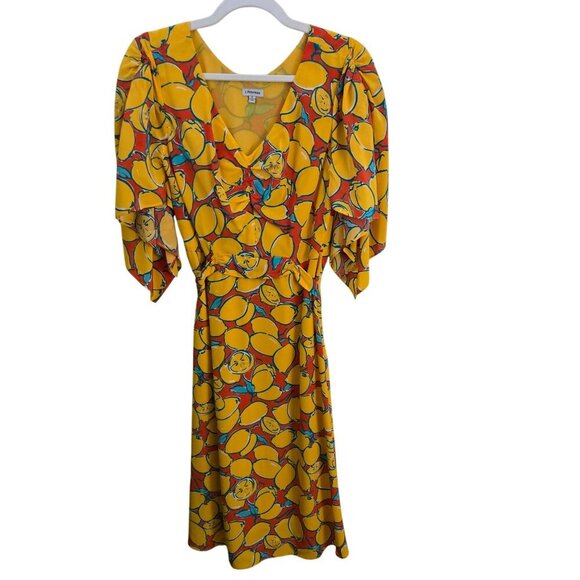 J. Peterman Lemon Print Dress 100% Silk Handkerchief Sleeve V Neck Dress Size 6 - Picture 2 of 7